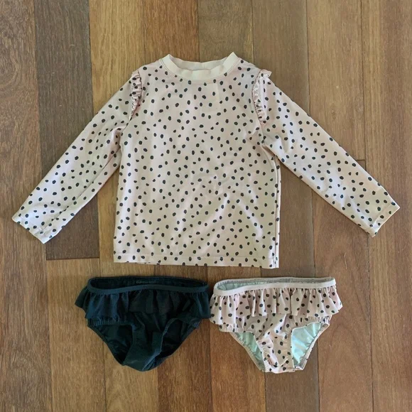 H&M Baby Girls Long Sleeve Pink Black Polka Dot 2 Piece Swim Rashguard - Picture 1 of 5